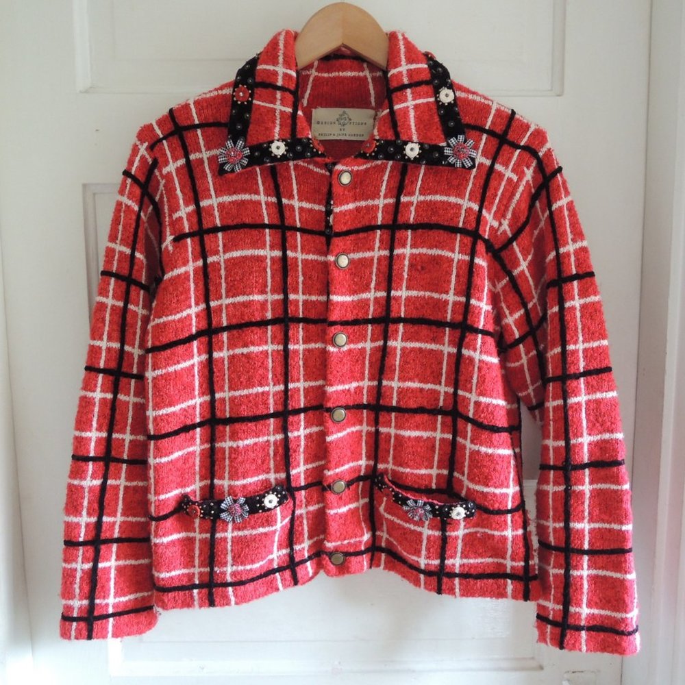 Design Options Vintage Red & White Windowpane Embellished Cardigan Jacket M